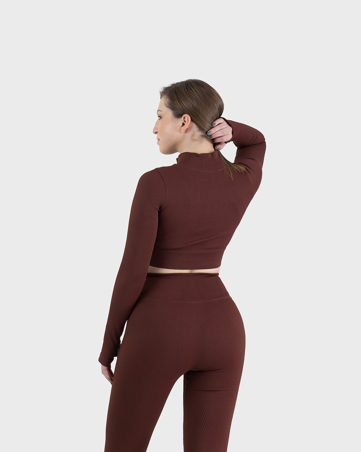 Basics Ribbed Long Sleeve Cropped Top - Brown