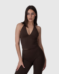 Shop Lily Align Soft Halter Top in espresso, V-neck halter top – full-length front view