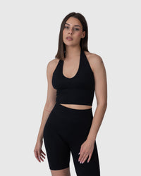 Shop Lily Form Halter Top in black, cropped halter top – front view