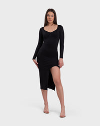 Shop Lily Elegance Midi Dress in black, long sleeve V-neck midi dress with side slit – full-length front view