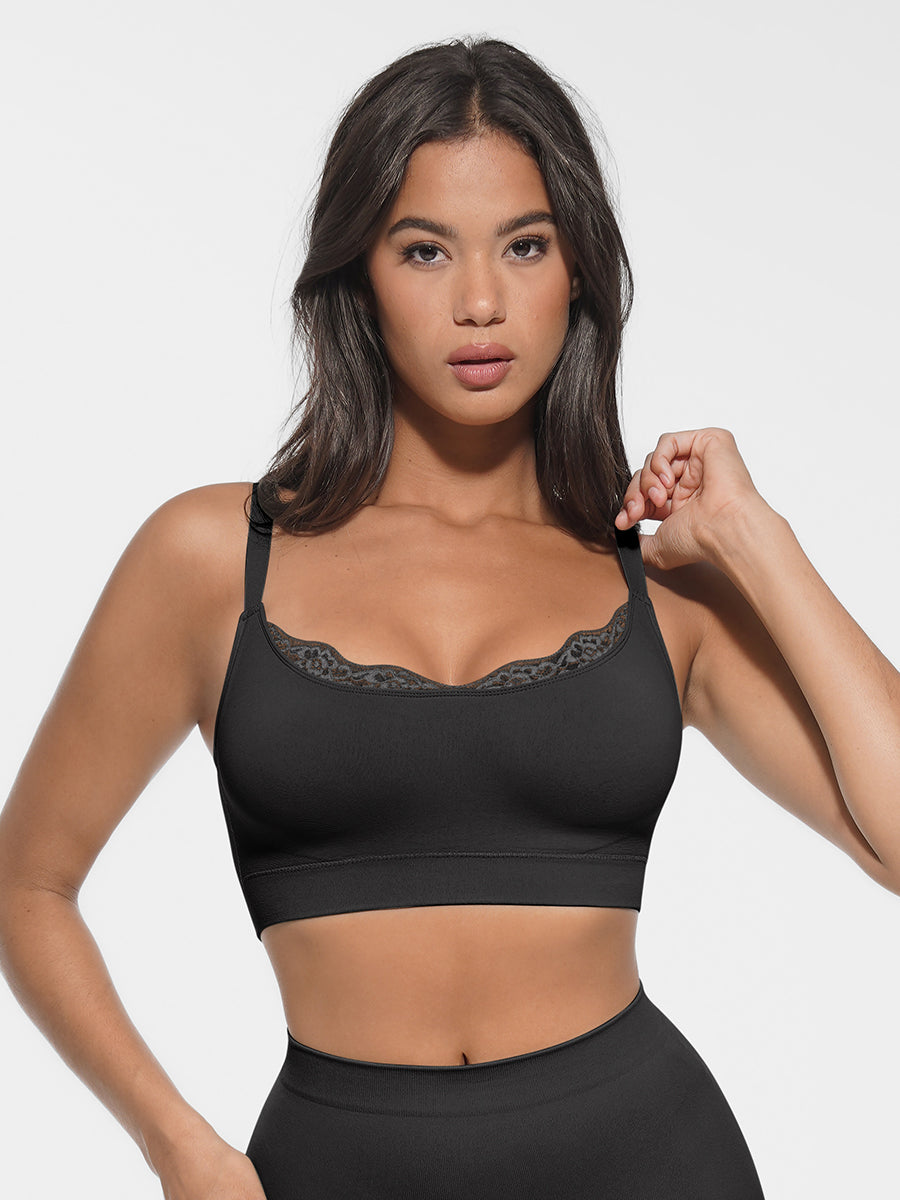 Shop Lily Comfort Lace Bra in black, wireless lace-trim bralette – front view