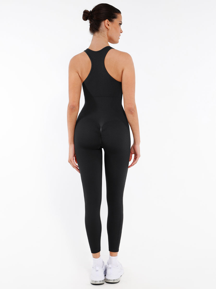 SculptZip Active Jumpsuit in black – full-length back view