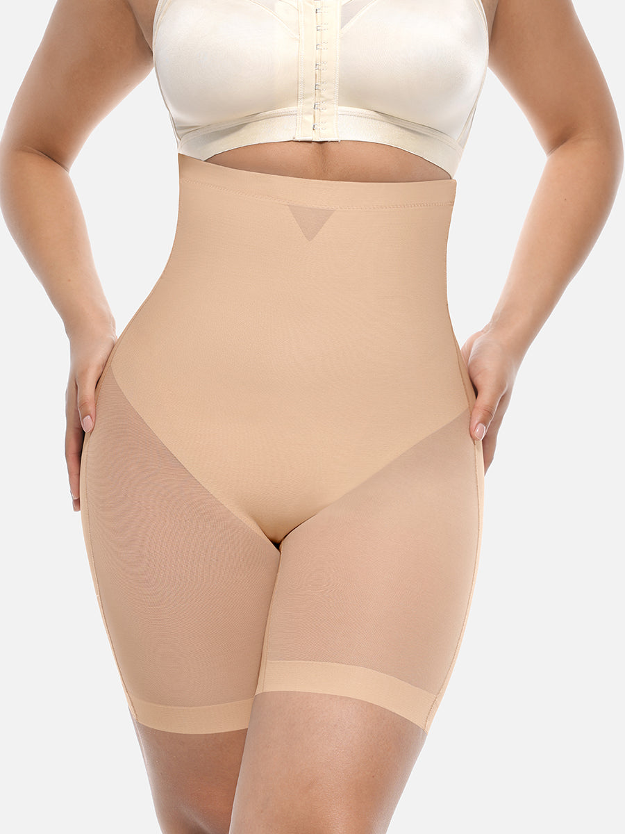 Shop Lily Power Silhouette Shaping Shorts in nude, high-waisted butt-lifting shaping shorts – front view