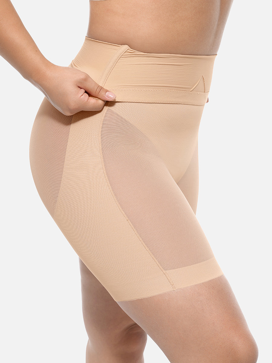 Power Silhouette Shaping Shorts in nude – close-up of the sheer hip panel