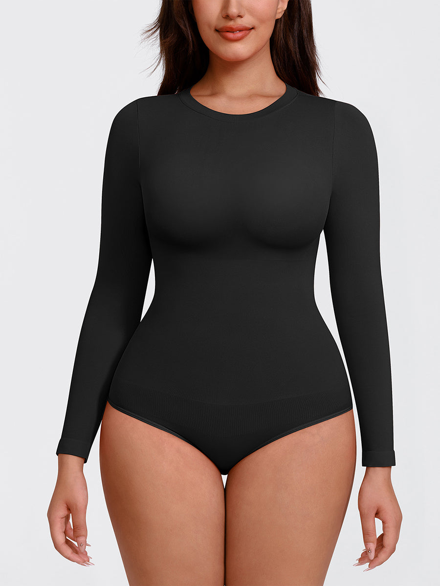 Shop Lily Essentials Classic Long Sleeve Bodysuit in black, seamless crew neck long sleeve bodysuit – front view