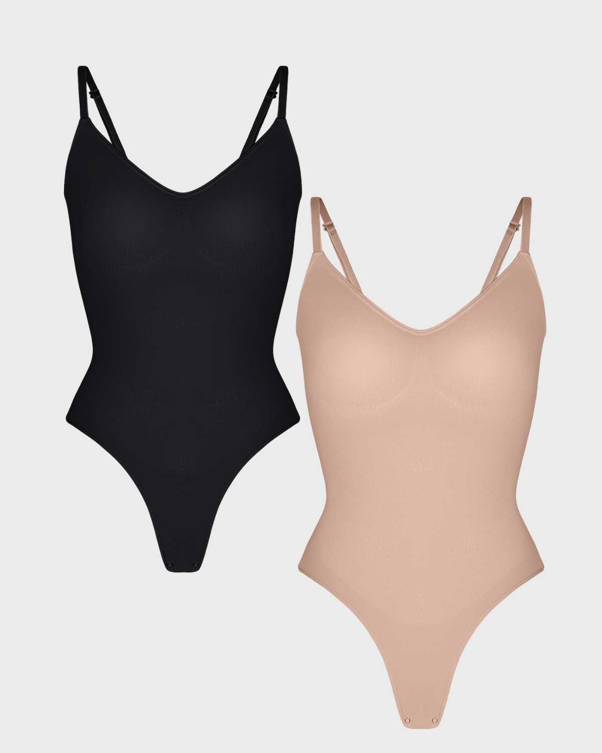Shop Lily Ultimate Sculpt Thong Bodysuit 2-pack: two seamless shaping thong bodysuits in black and nude, laid flat side by side