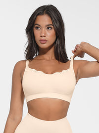 Shop Lily Comfort Lace Bra in nude, wireless lace-trim bralette – front view
