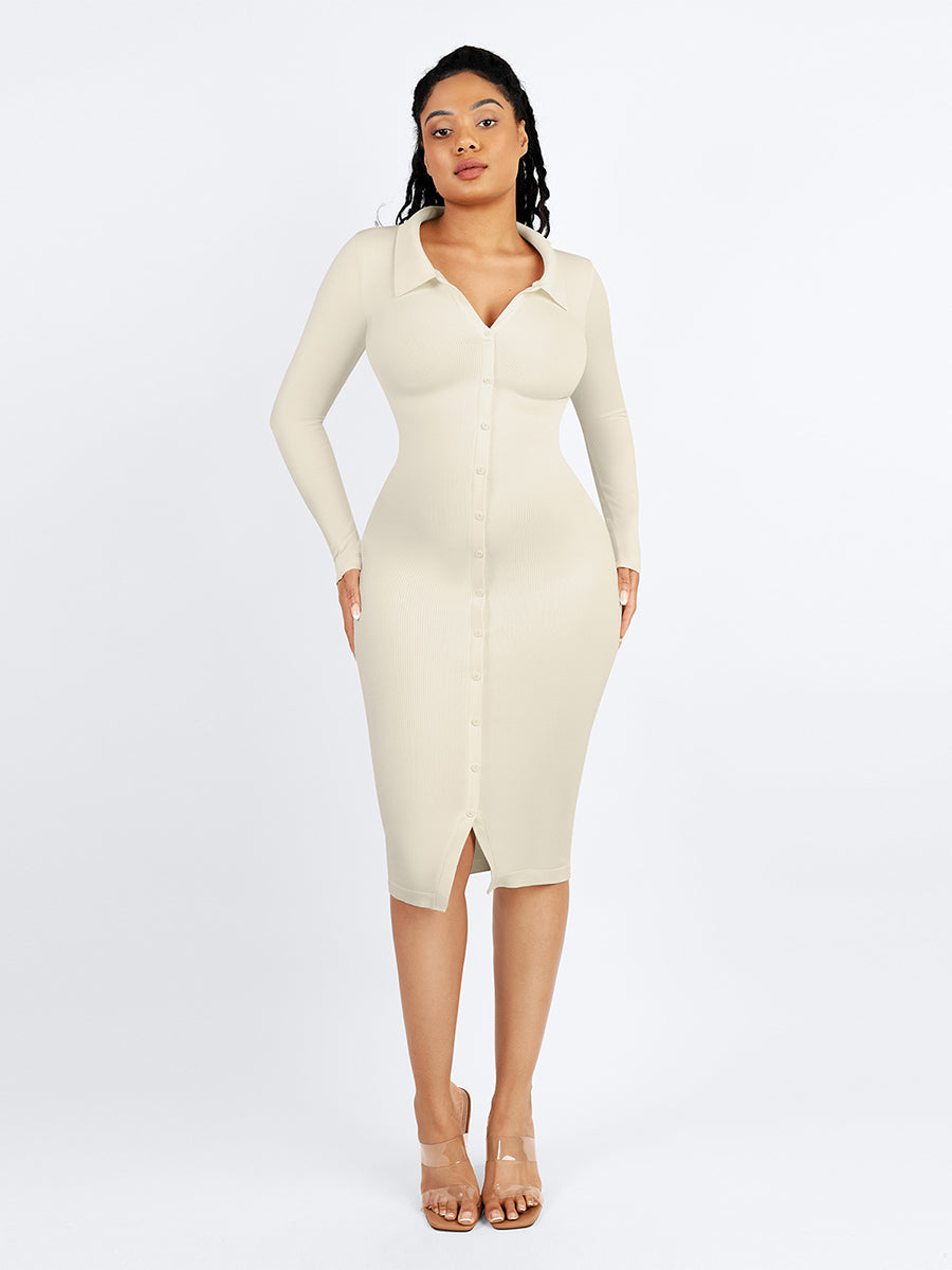Long Sleeve Ribbed Button Dress in white – alternate full-length front view