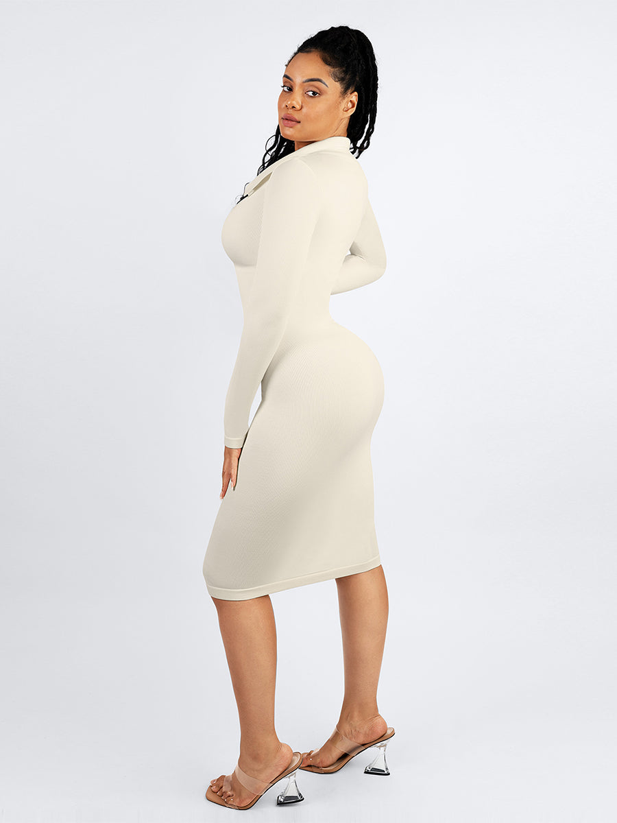 Long Sleeve Ribbed Button Dress in white – full-length three-quarter view