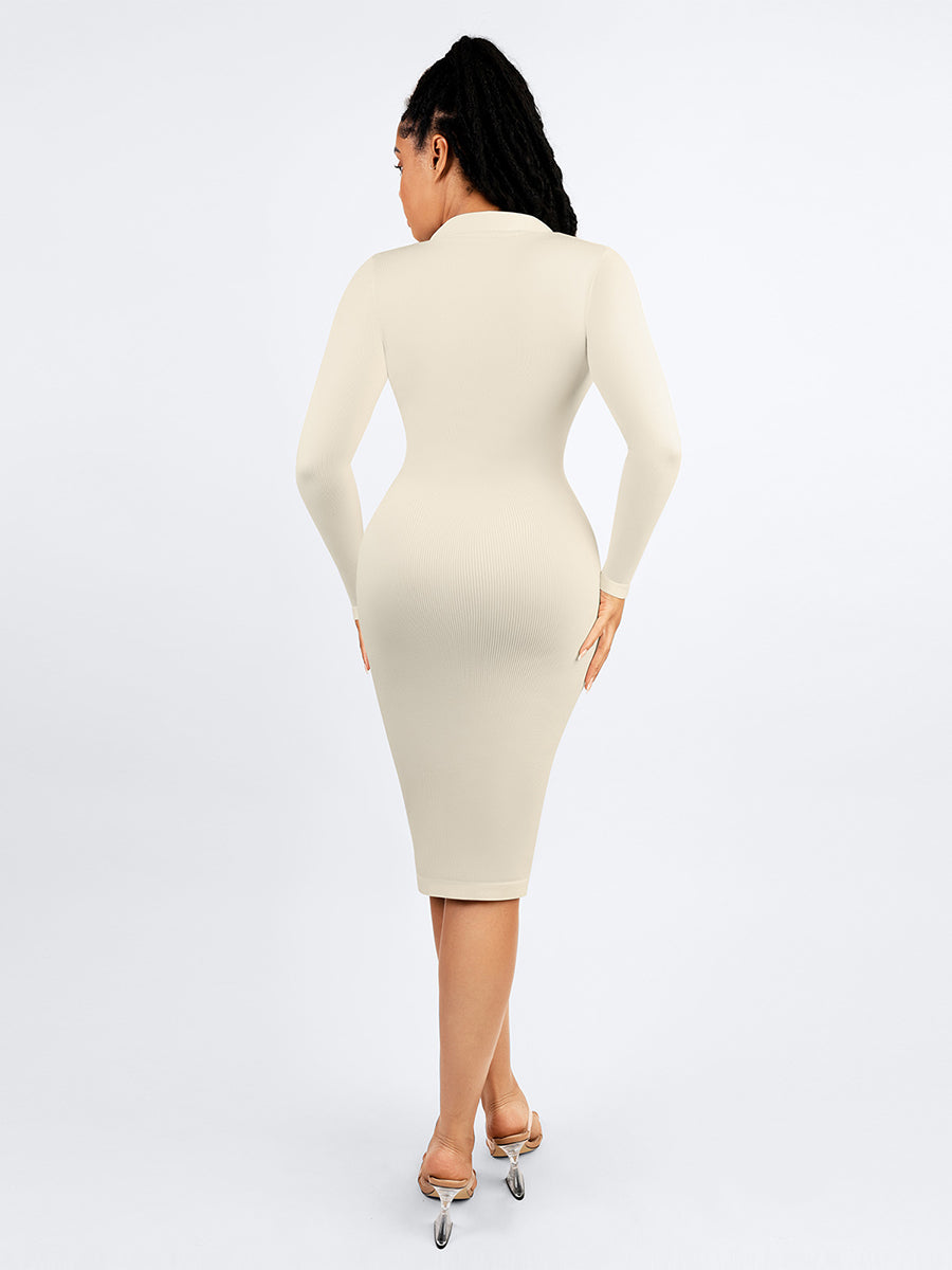 Long Sleeve Ribbed Button Dress in white – full-length back view