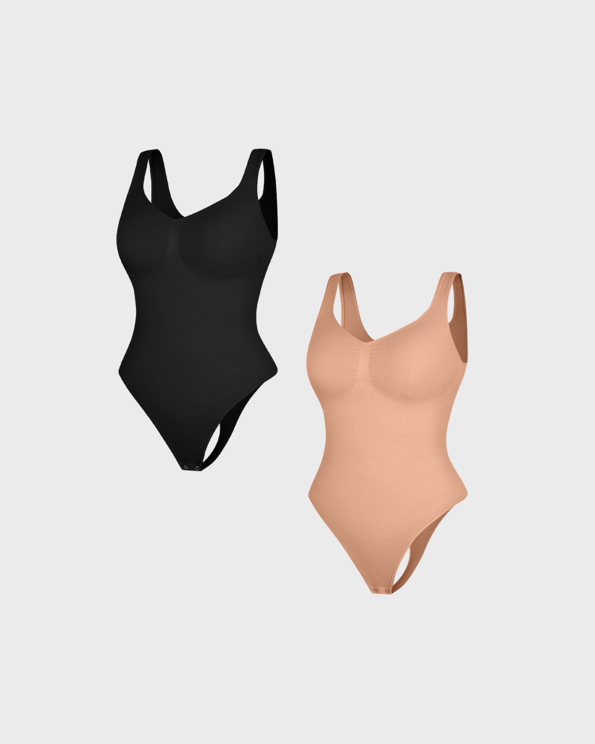 Shop Lily SculptCurve Thong Bodysuit 2-pack: two seamless scoop neck sculpting thong bodysuits in black and nude, laid flat side by side