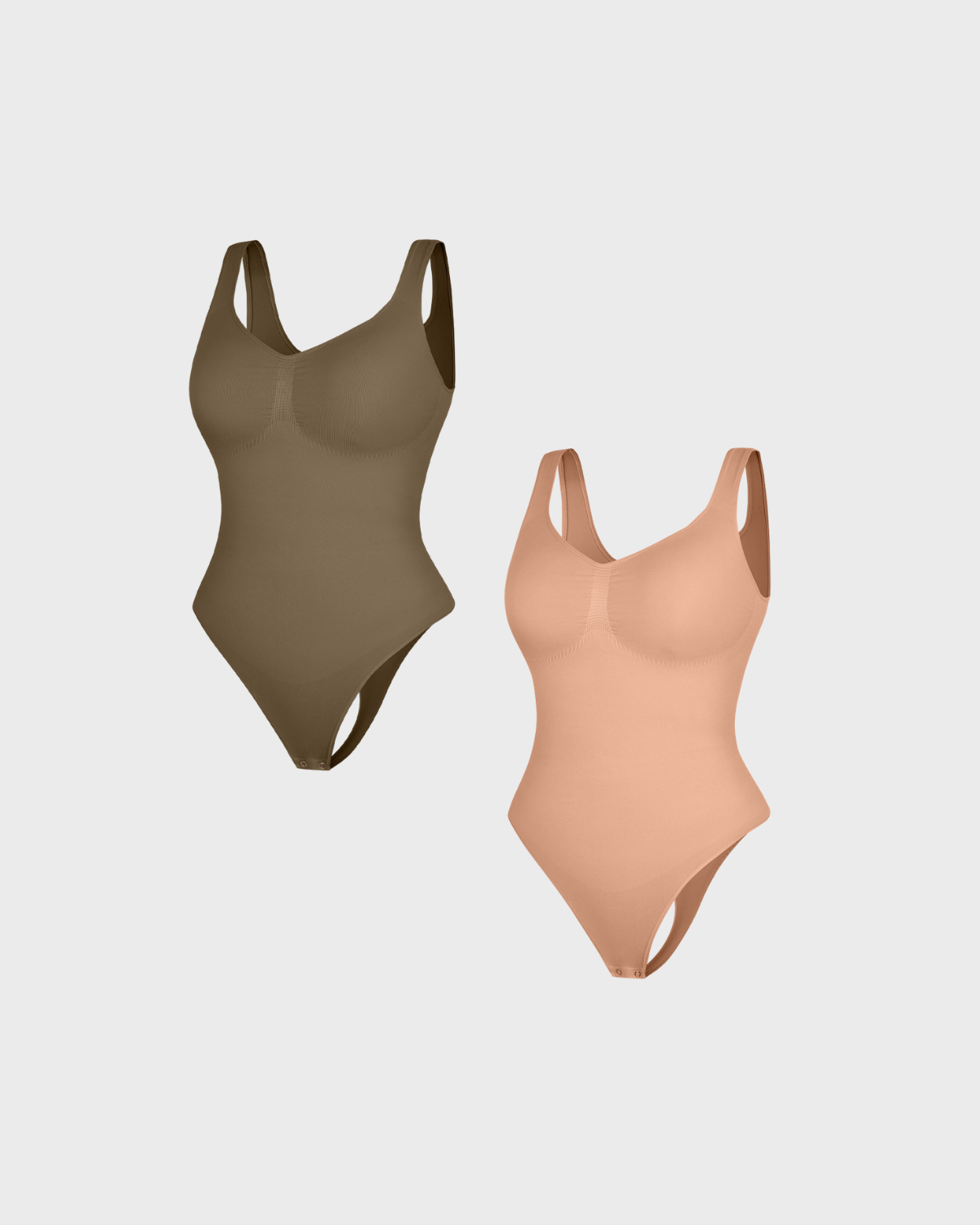 Shop Lily SculptCurve Thong Bodysuit 2-pack: two seamless scoop neck sculpting thong bodysuits in brown and nude, laid flat side by side