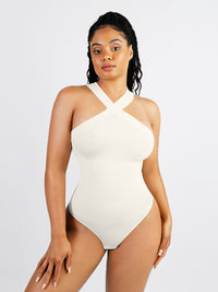 Shop Lily Ribbed Halter Neck Bodysuit in white, ribbed crossover halter neck bodysuit – front view