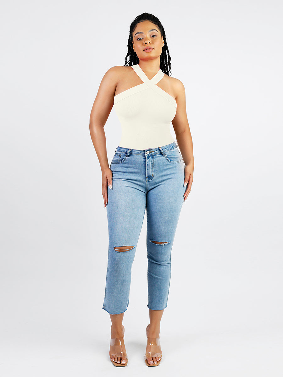 Ribbed Halter Neck Bodysuit in white – full-length and styled with light-wash jeans