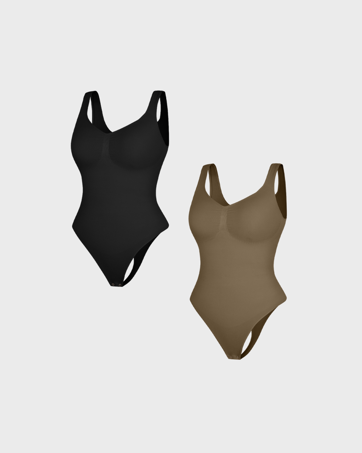 Shop Lily SculptCurve Thong Bodysuit 2-pack: two seamless scoop neck sculpting thong bodysuits in black and brown, laid flat side by side