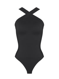 Shop Lily Ribbed Halter Neck Bodysuit in black, ribbed crossover halter neck bodysuit – product shot on a plain background