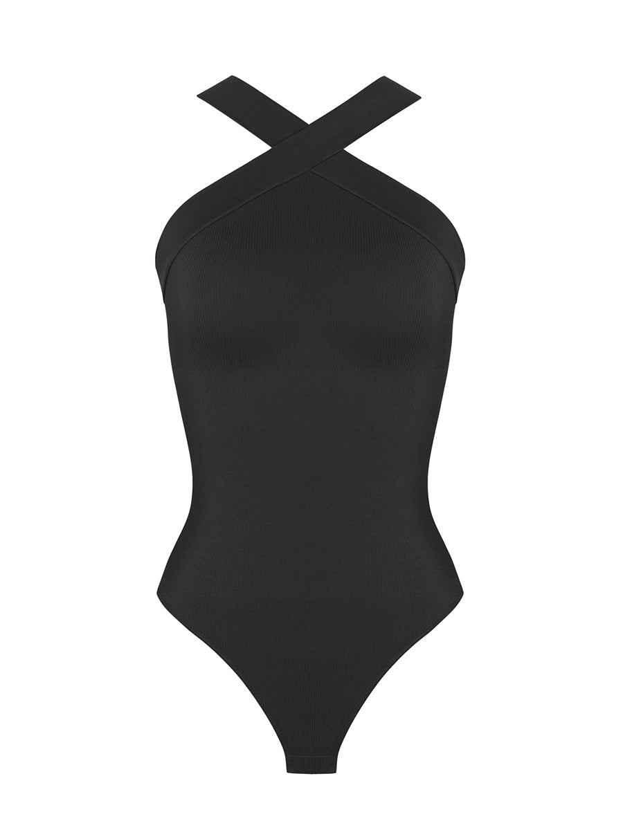 Shop Lily Ribbed Halter Neck Bodysuit in black, ribbed crossover halter neck bodysuit – product shot on a plain background