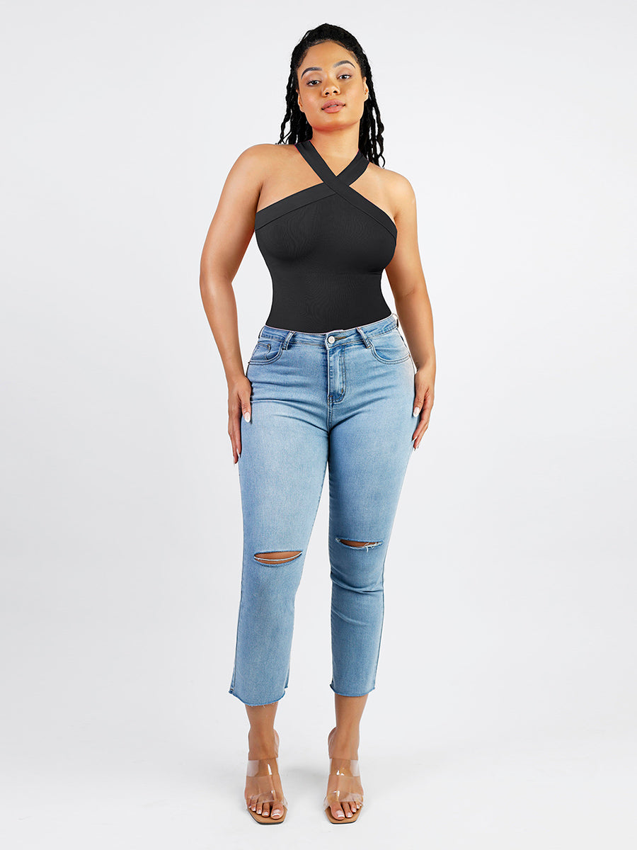 Ribbed Halter Neck Bodysuit in black – full-length and styled with light-wash jeans