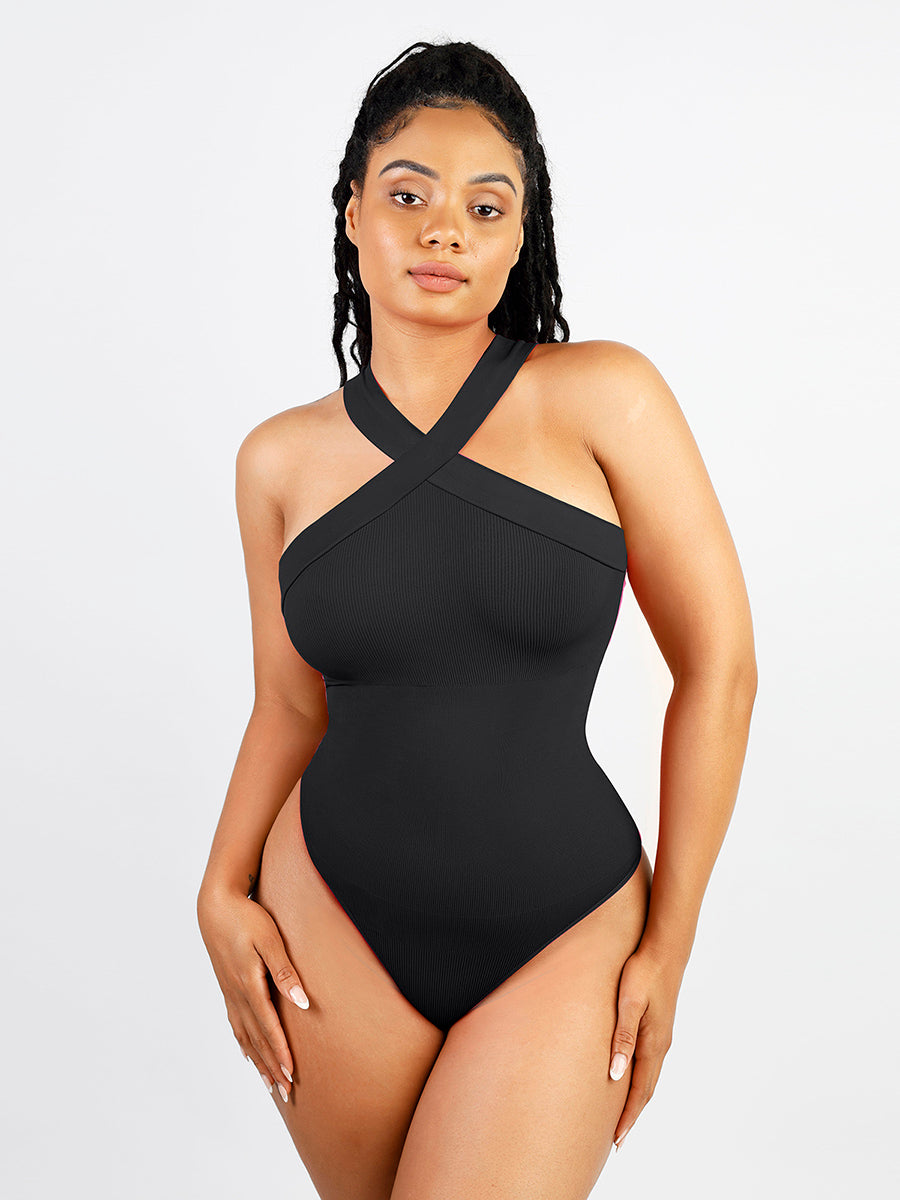 Ribbed Halter Neck Bodysuit in black – front view