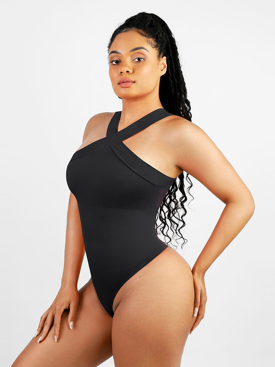 Ribbed Halter Neck Bodysuit in black – three-quarter view