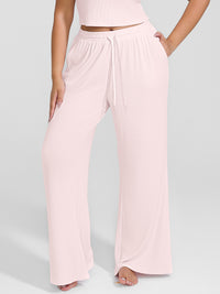 Shop Lily True Comfort Luxe Lounge Pants in pink, ribbed wide-leg drawstring lounge pants – front view