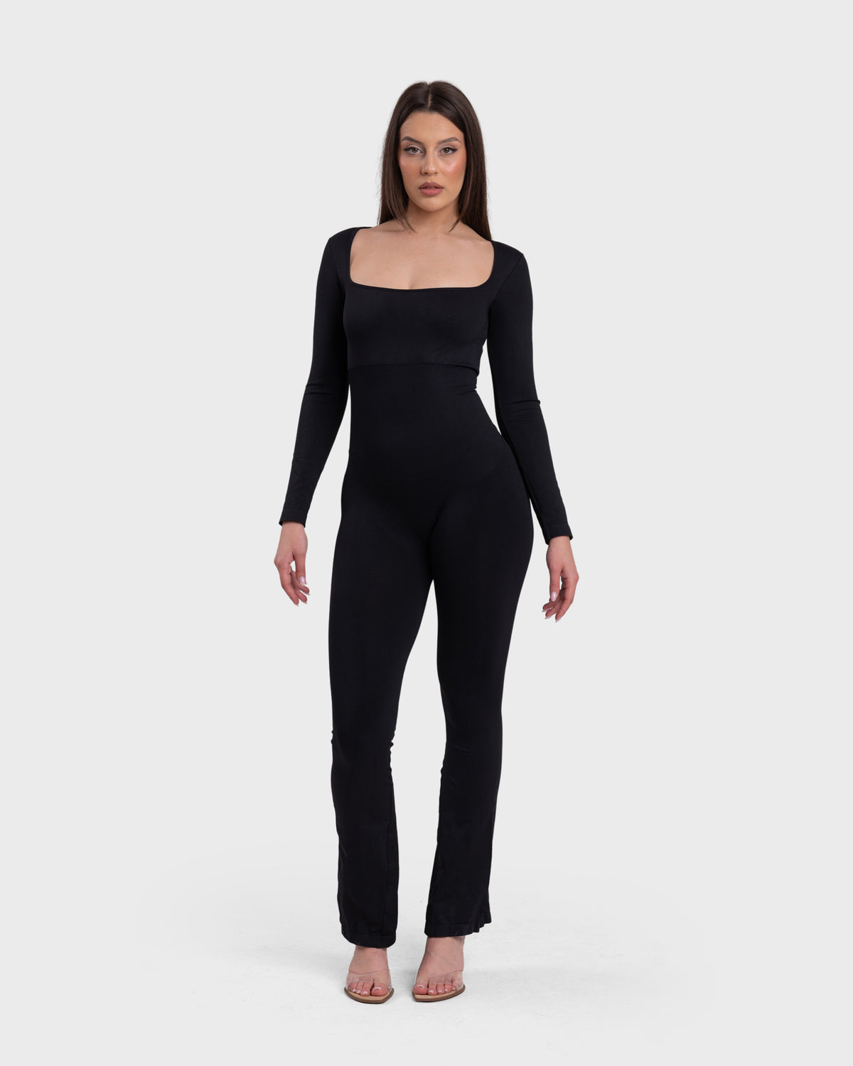 Shop Lily All Day Long Sleeve Flare Jumpsuit in black, long sleeve square neck flare jumpsuit – full-length front view