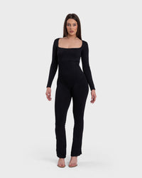 Shop Lily All Day Long Sleeve Flare Jumpsuit in black, long sleeve square neck flare jumpsuit – full-length front view