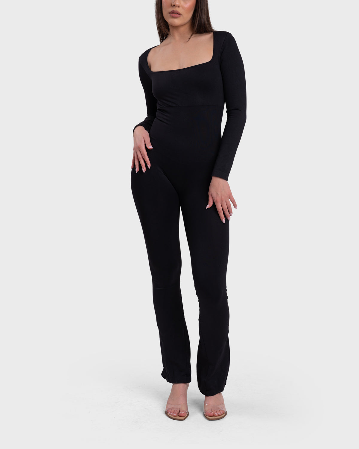 All Day Long Sleeve Flare Jumpsuit in black – alternate full-length front view