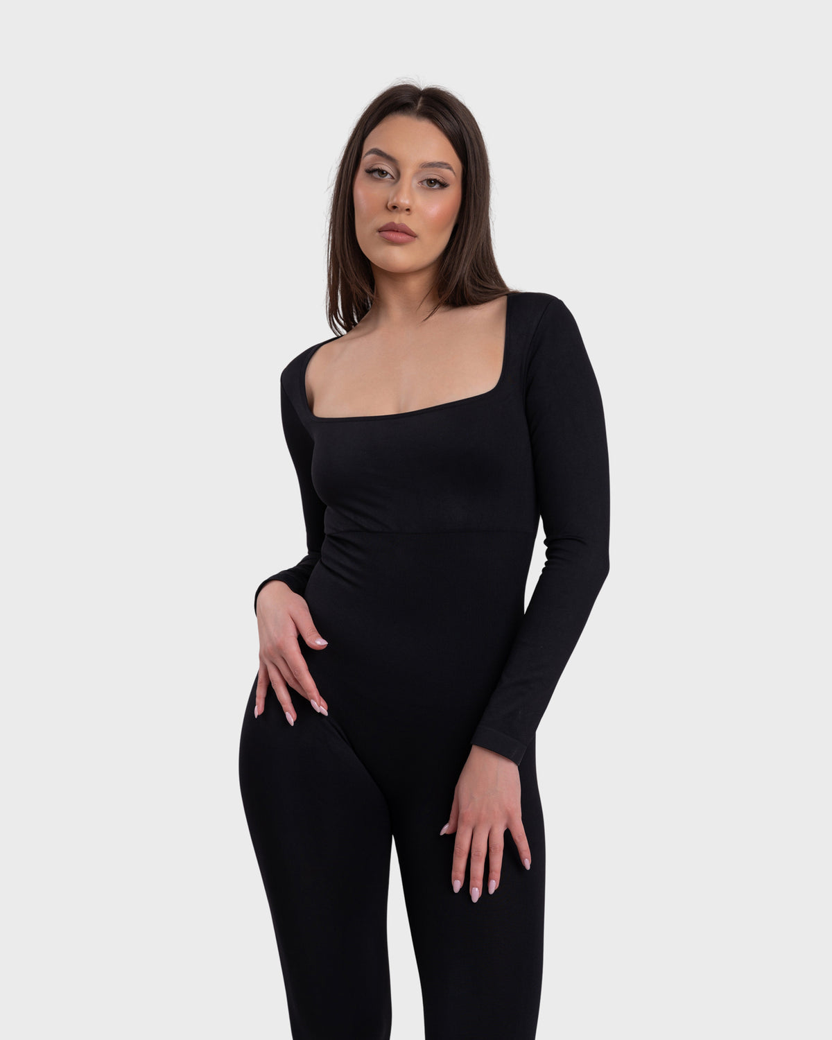 All Day Long Sleeve Flare Jumpsuit in black – alternate full-length front view