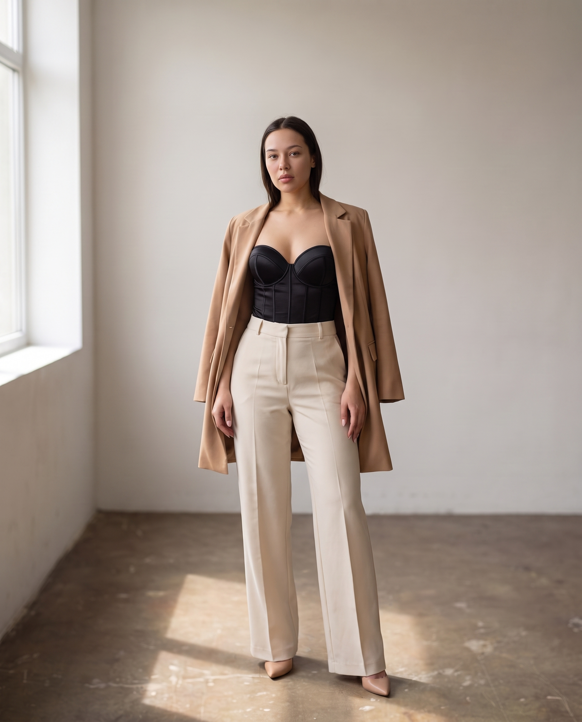 Amelia Corset Bodysuit in black – styled with a camel coat and cream trousers
