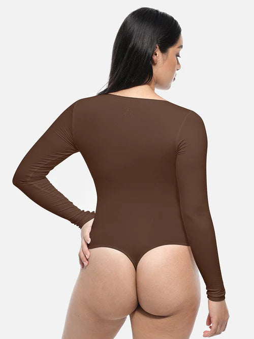 Essential Seamless Long Sleeve Shaping Bodysuit in brown – back view