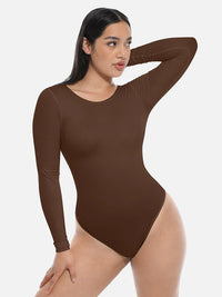 Shop Lily Essential Seamless Long Sleeve Shaping Bodysuit in brown, seamless long sleeve shaping thong bodysuit – front view