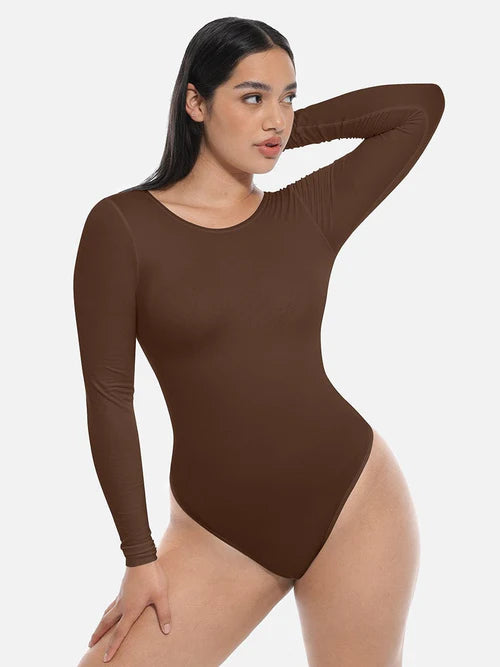 Shop Lily Essential Seamless Long Sleeve Shaping Bodysuit in brown, seamless long sleeve shaping thong bodysuit – front view