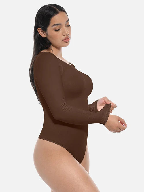 Essential Seamless Long Sleeve Shaping Bodysuit in brown – side view