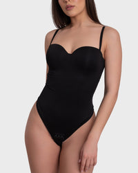 Shop Lily Bustier Corset Bodysuit in black, bustier corset bodysuit with adjustable straps – front view