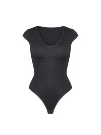 Shop Lily All Day Sculpting Bodysuit in black, cap sleeve scoop neck sculpting bodysuit – product shot on a plain background