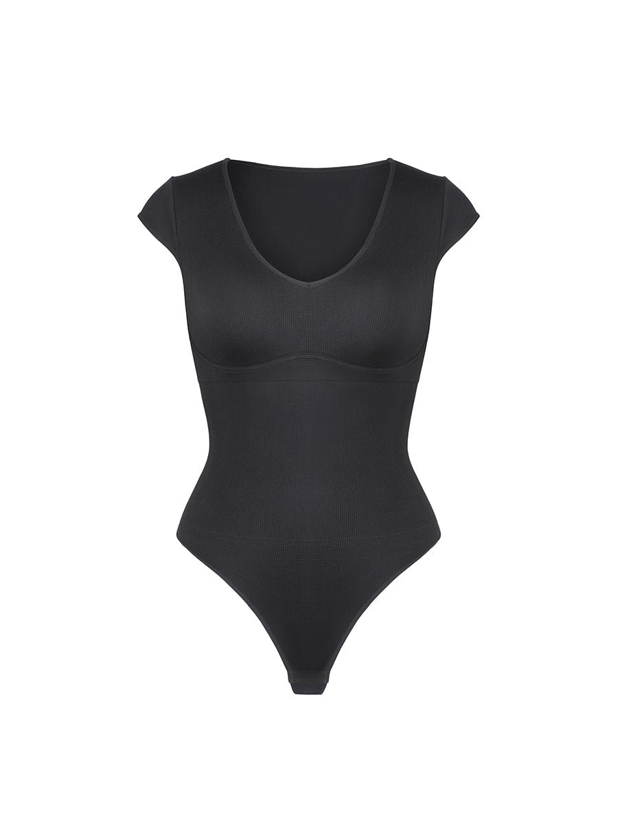Shop Lily All Day Sculpting Bodysuit in black, cap sleeve scoop neck sculpting bodysuit – product shot on a plain background