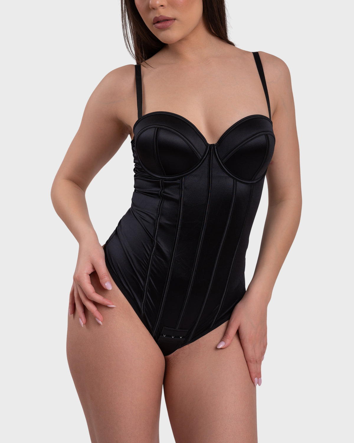 Shop Lily Amelia Corset Bodysuit in black, satin corset bodysuit with adjustable straps – front view
