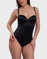 Shop Lily Amelia Corset Bodysuit in black, satin corset bodysuit with adjustable straps – front view