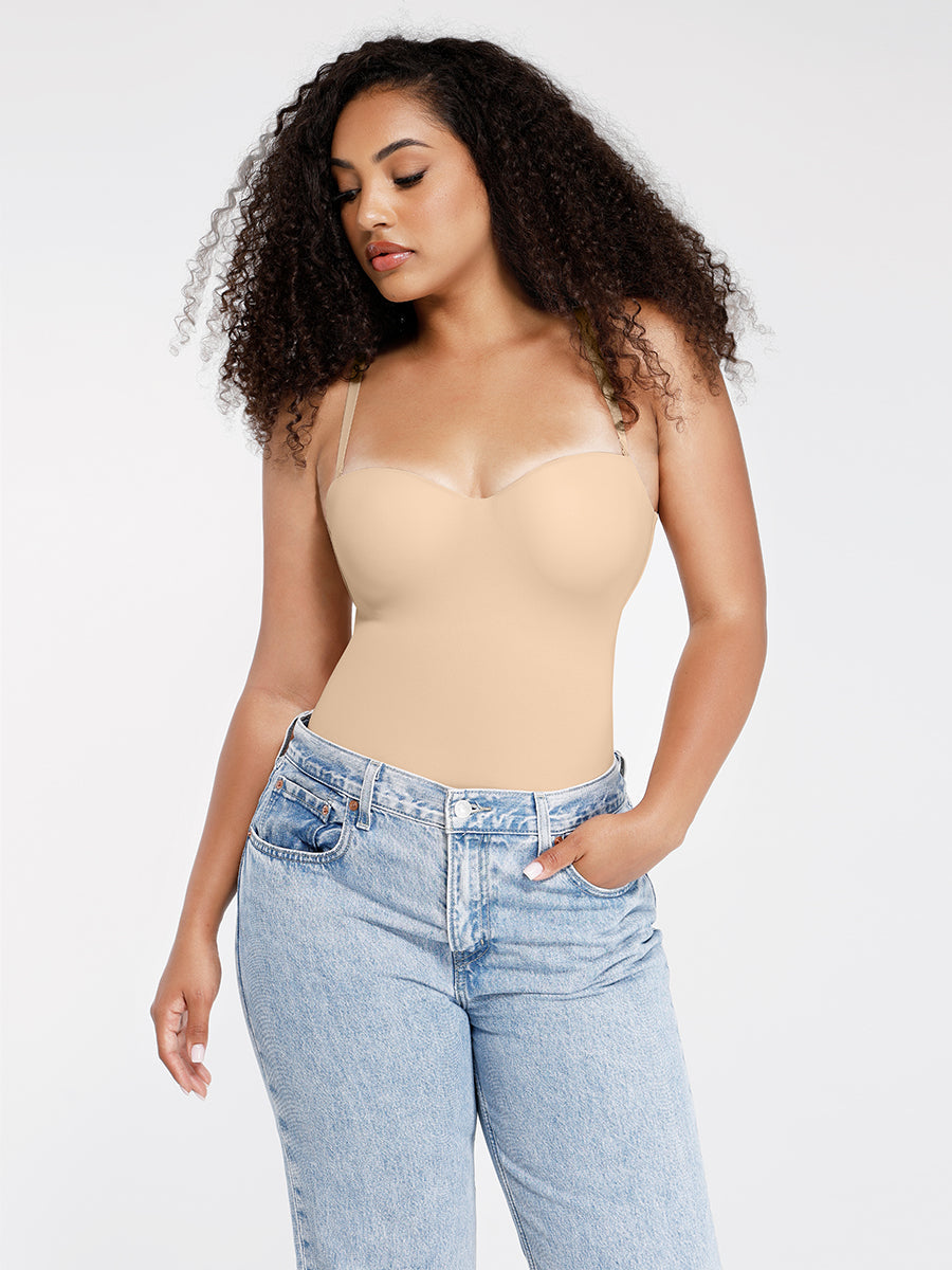 Bustier Corset Bodysuit in nude – styled with light-wash jeans