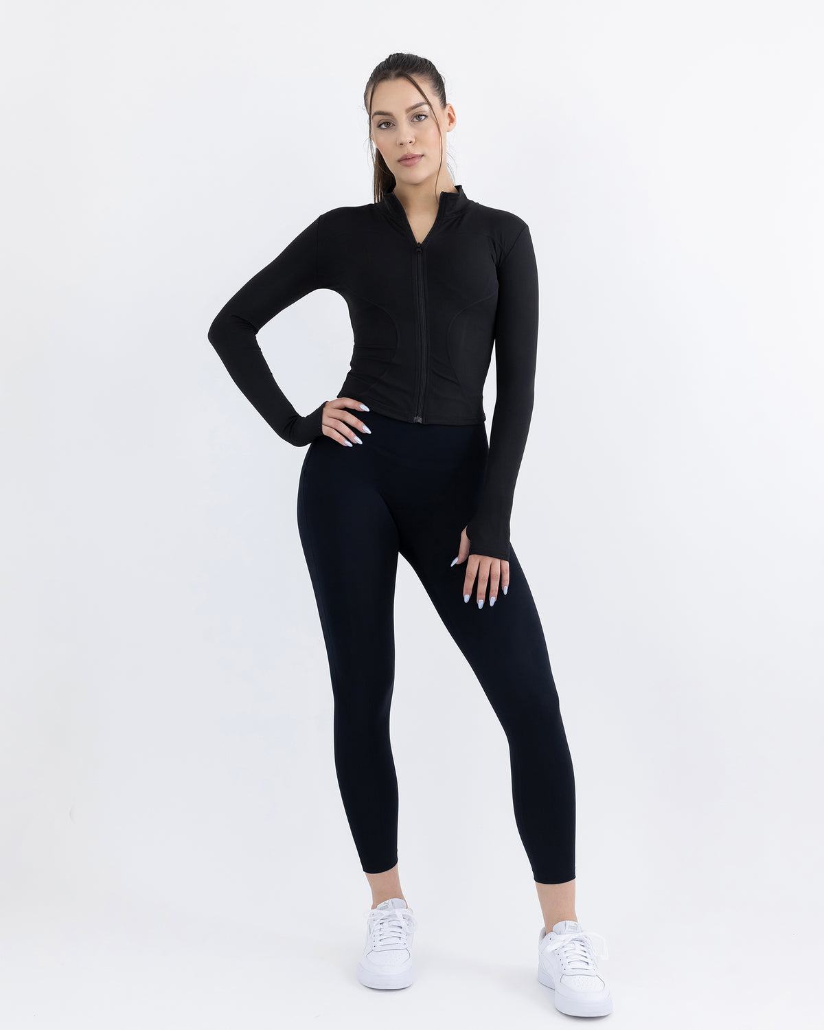 Evolve Contour Long Sleeve Jacket in black – alternate full-length front view