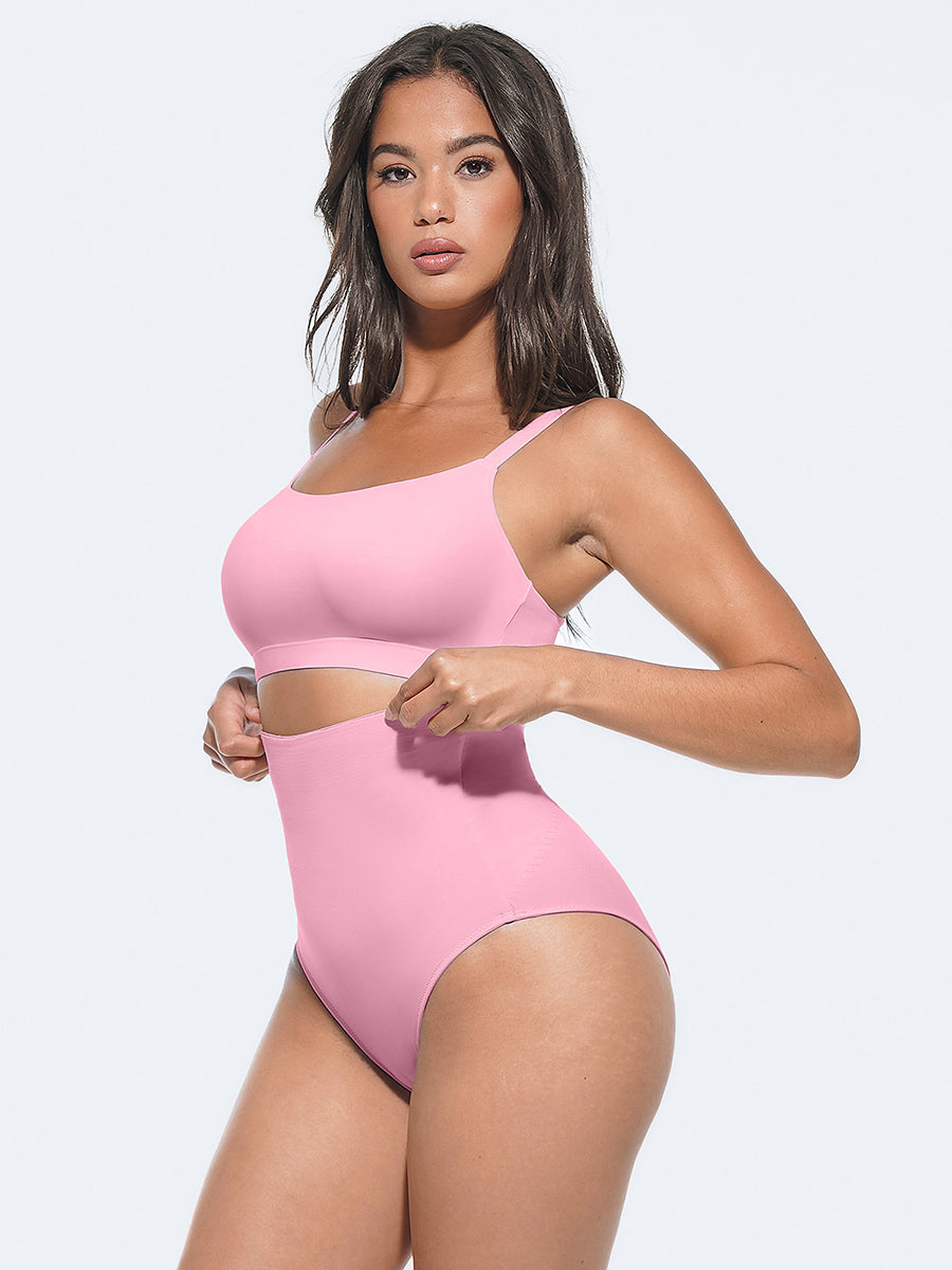 Ultimate Sculpt Shaping Panties in pink – worn with a matching bra