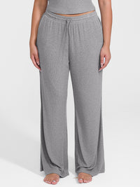 Shop Lily True Comfort Luxe Lounge Pants in grey, ribbed wide-leg drawstring lounge pants – front view