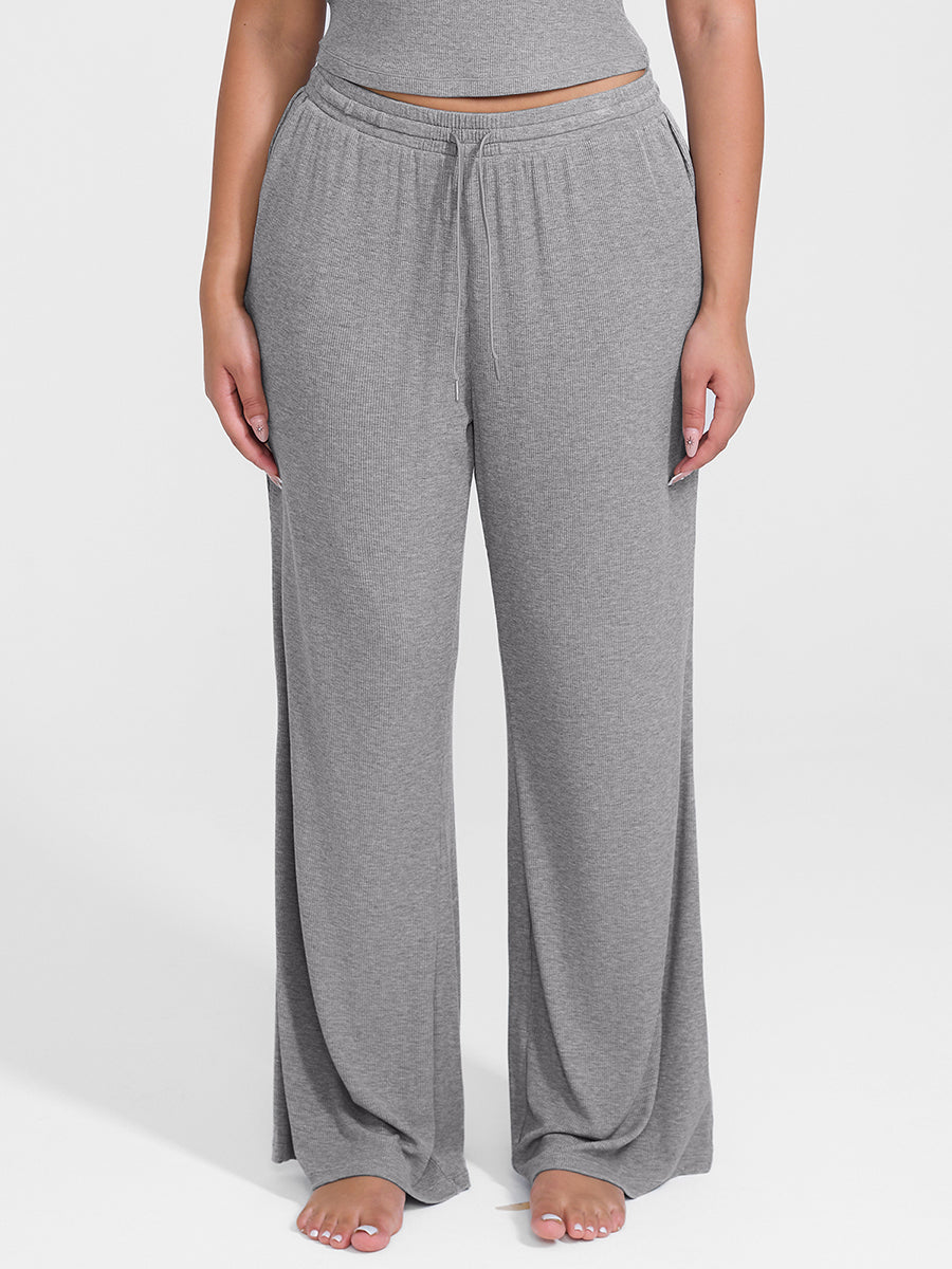 Shop Lily True Comfort Luxe Lounge Pants in grey, ribbed wide-leg drawstring lounge pants – front view