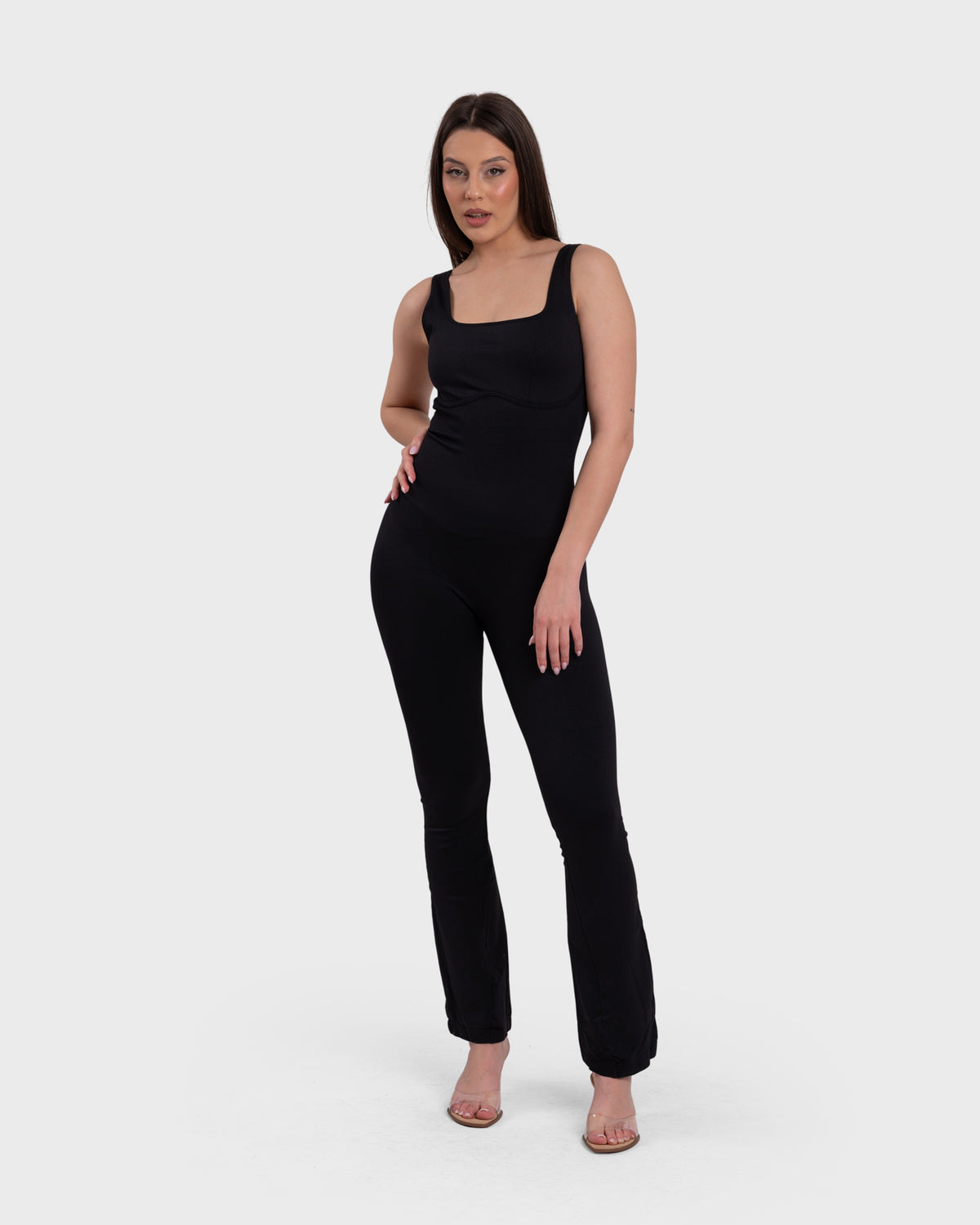 All Day Sculpting Flare Jumpsuit in black – alternate full-length front view