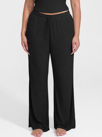 Shop Lily True Comfort Luxe Lounge Pants in black, ribbed wide-leg drawstring lounge pants – front view