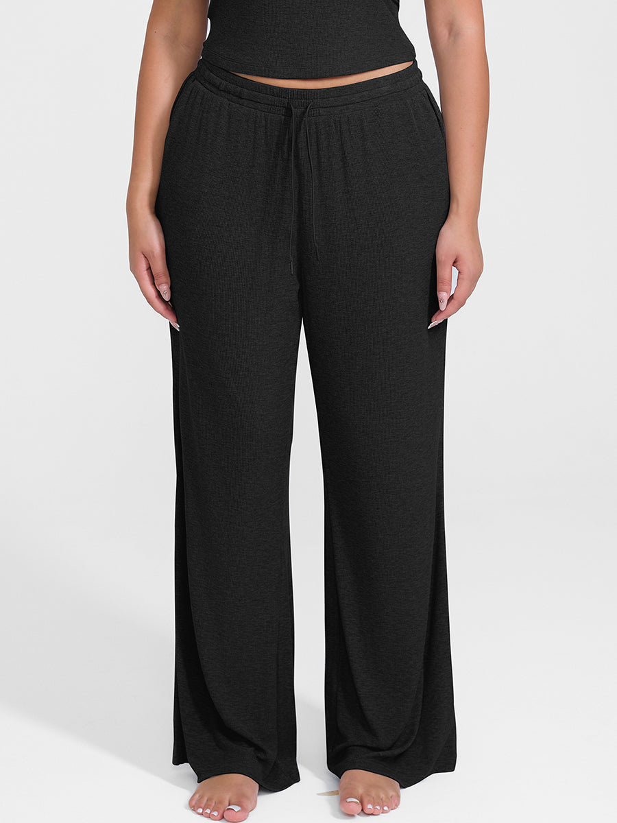 Shop Lily True Comfort Luxe Lounge Pants in black, ribbed wide-leg drawstring lounge pants – front view