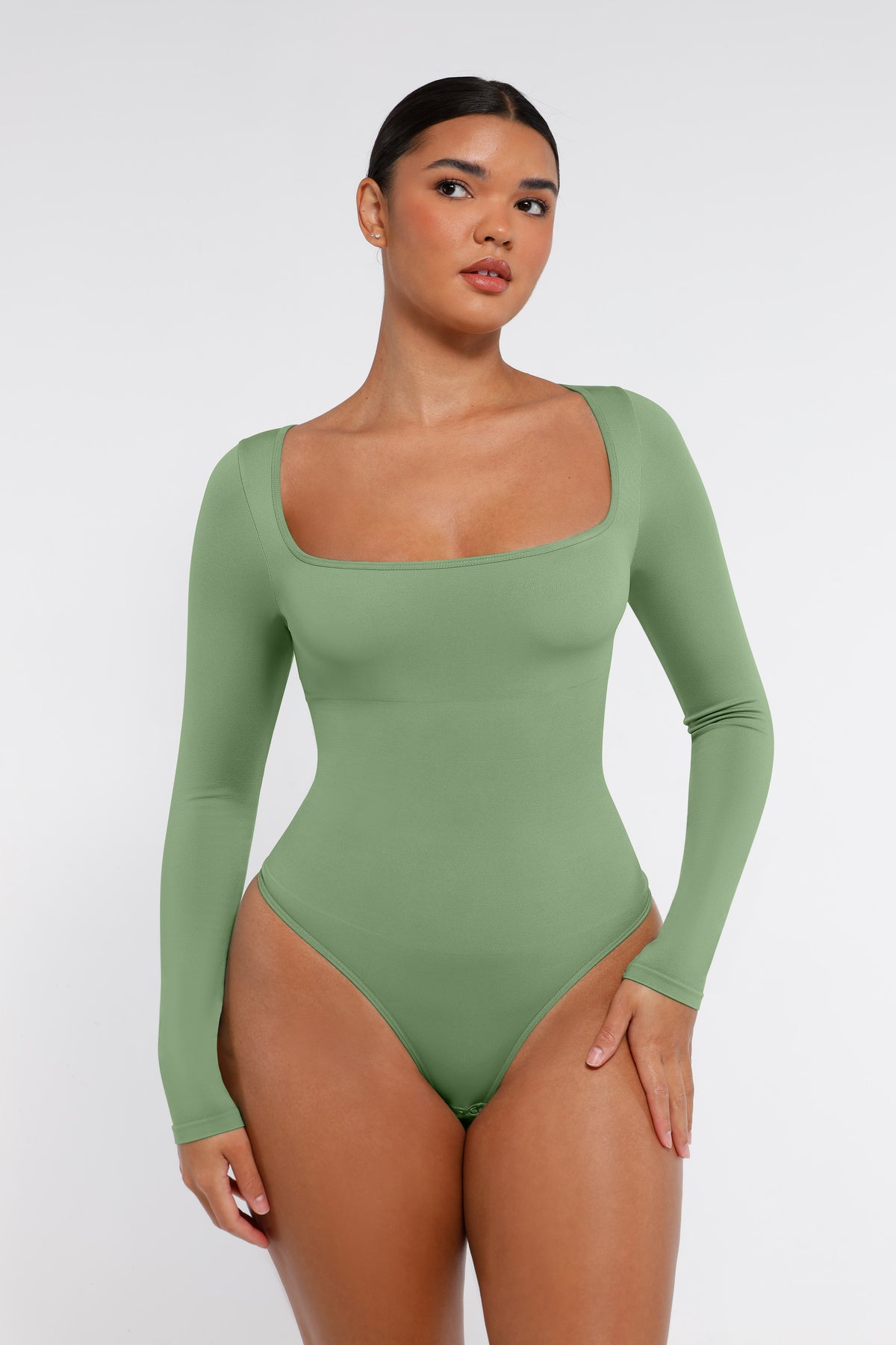 Long Sleeve Square Neck Bodysuit in olive – alternate front view