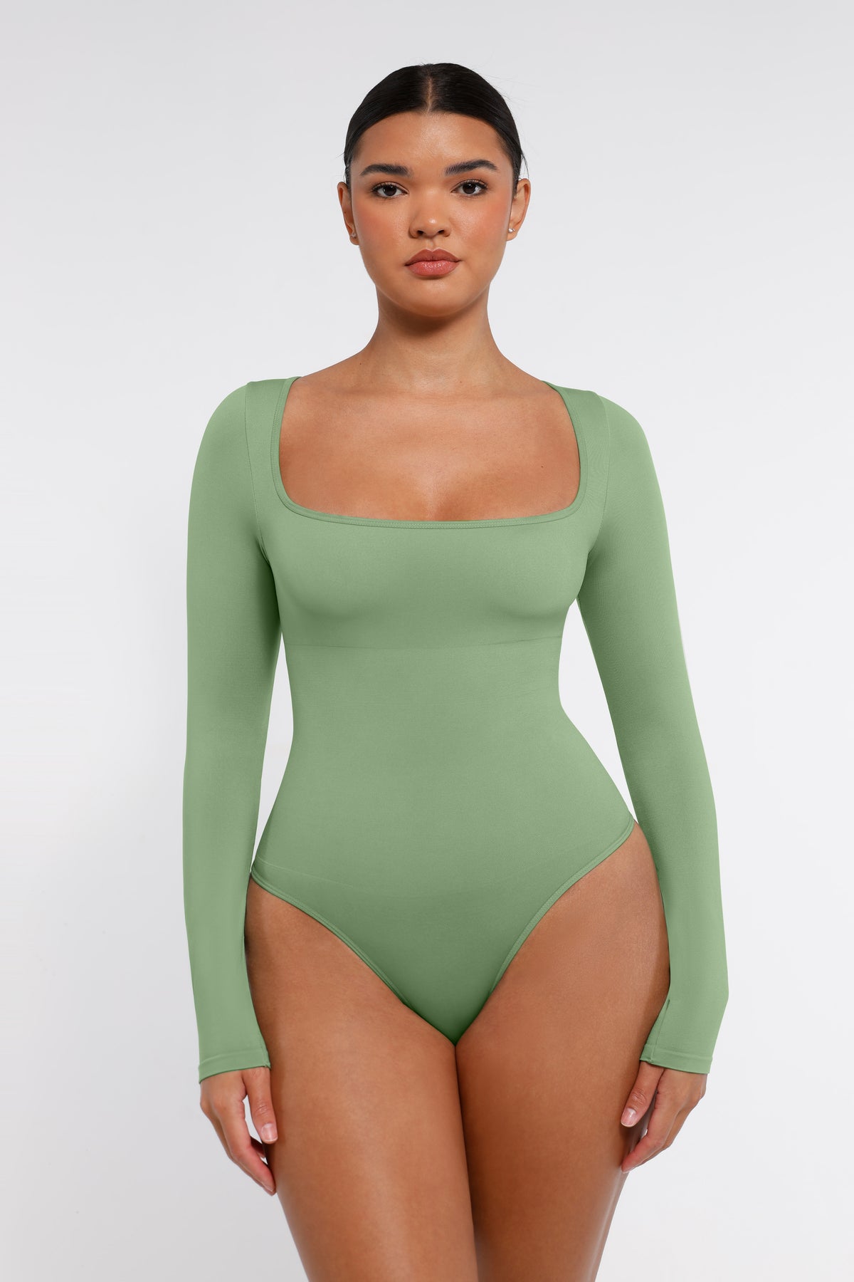 Long Sleeve Square Neck Bodysuit in olive – alternate front view