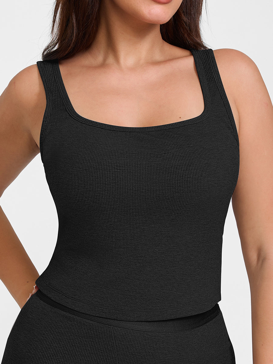 Shop Lily True Comfort Luxe Lounge Top in black, ribbed square neck lounge tank top – front view